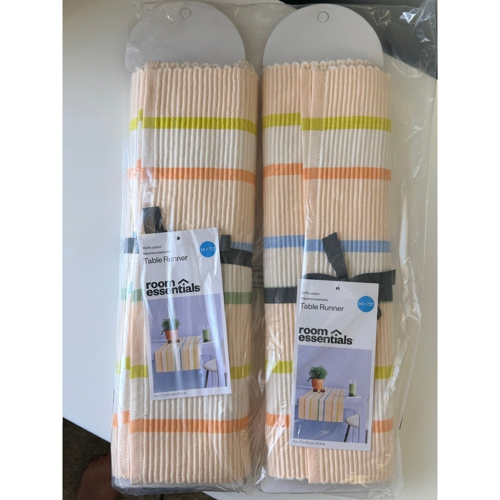 Room Essentials Table Runner Set of 2 14x72 Multi Stripe 100% Cotton NWT